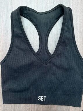 SET Active Black Ribbed Racerback Sports Bra with White Logo